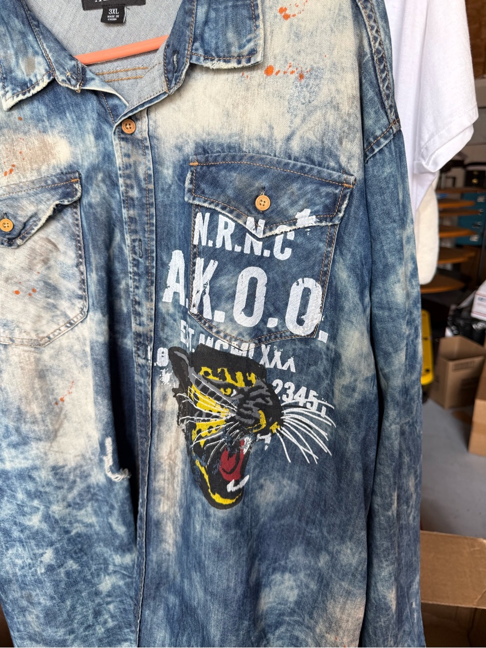 Akoo Blue Acid-Wash Button-Down Shirt with Tiger Graphic and Orange Accents